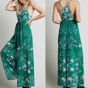 Free People Meadow Rue Emerald Green Floral Jumpsuit